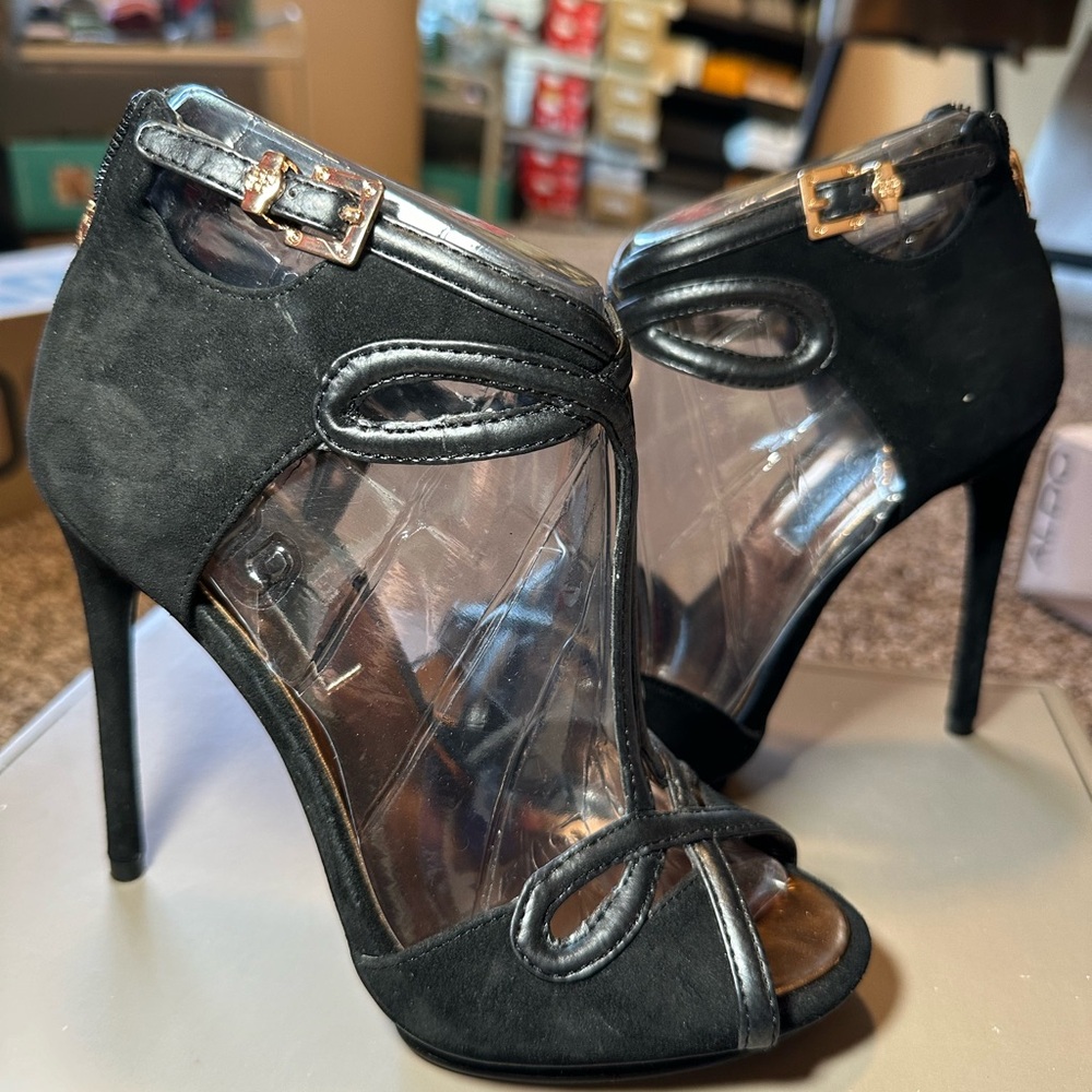 BCBG Florissa Suede Zip Up open toe heels
